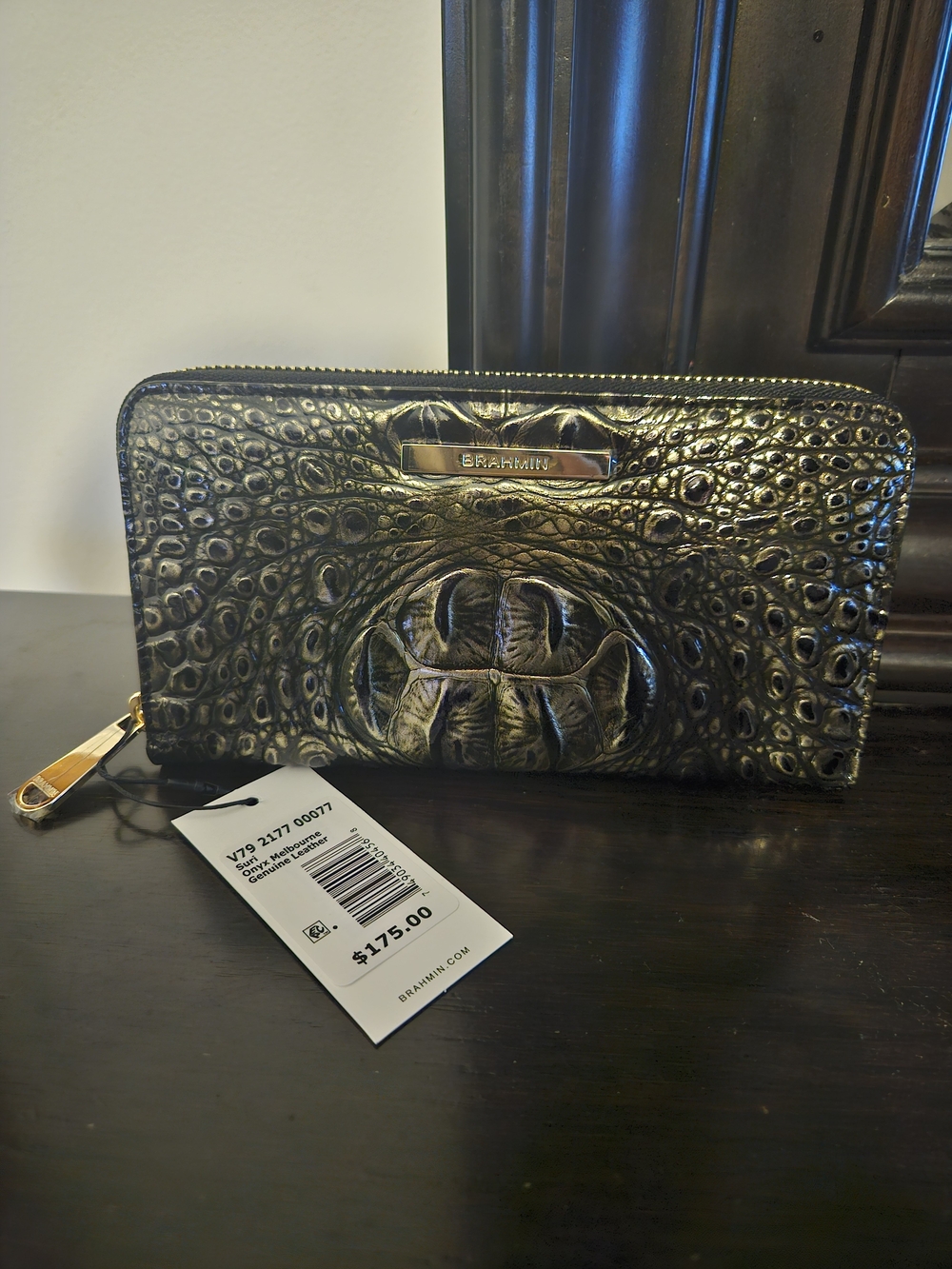 Brahmin Onyx Black Embossed Leather Zip Wallet